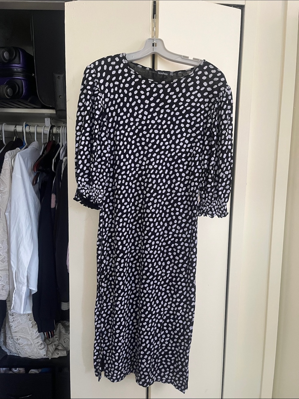 Boohoo Black Midi Dress with White Spot Print